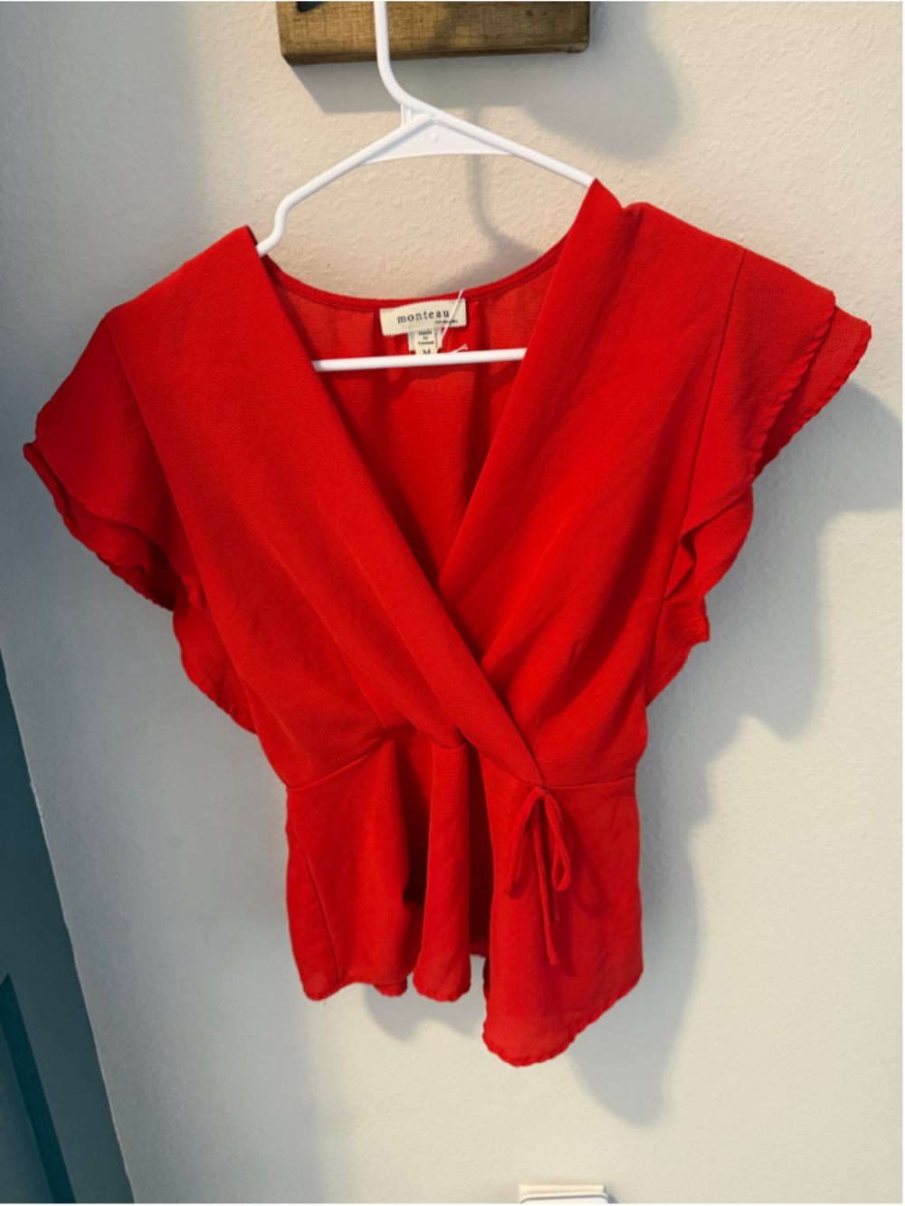 Monteau Red Flutter Sleeve Wrap Blouse Size M
